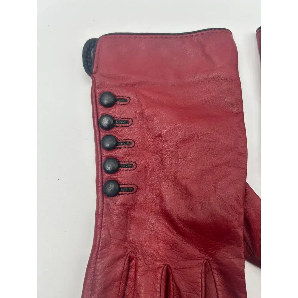 Vintage Steampunk Red Leather Cashemer Button Cuff Gauntlet Gloves Size L